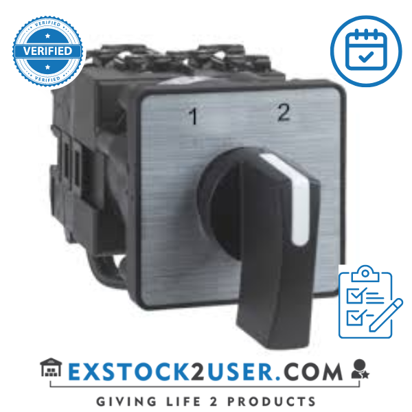 Schneider Electric, K1D012UCH ,Complete cam switch, Harmony K, changeover switch, 45 x 45mm, 2P, without off position, 30 degree angle, 12A, black marked 1-2, for 22mm